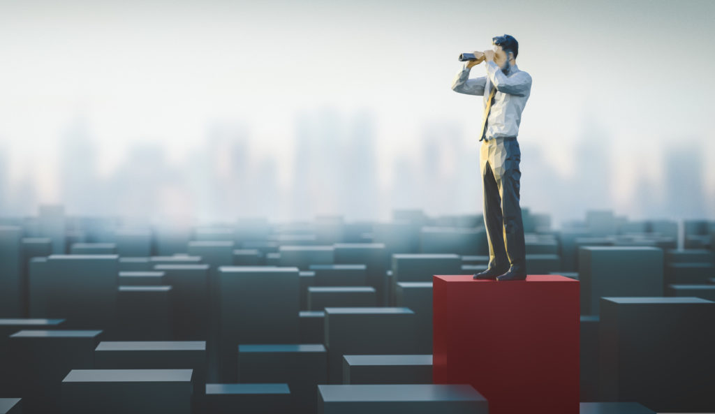 A 3d rendering showing a man looking through binoculars representing his job search.