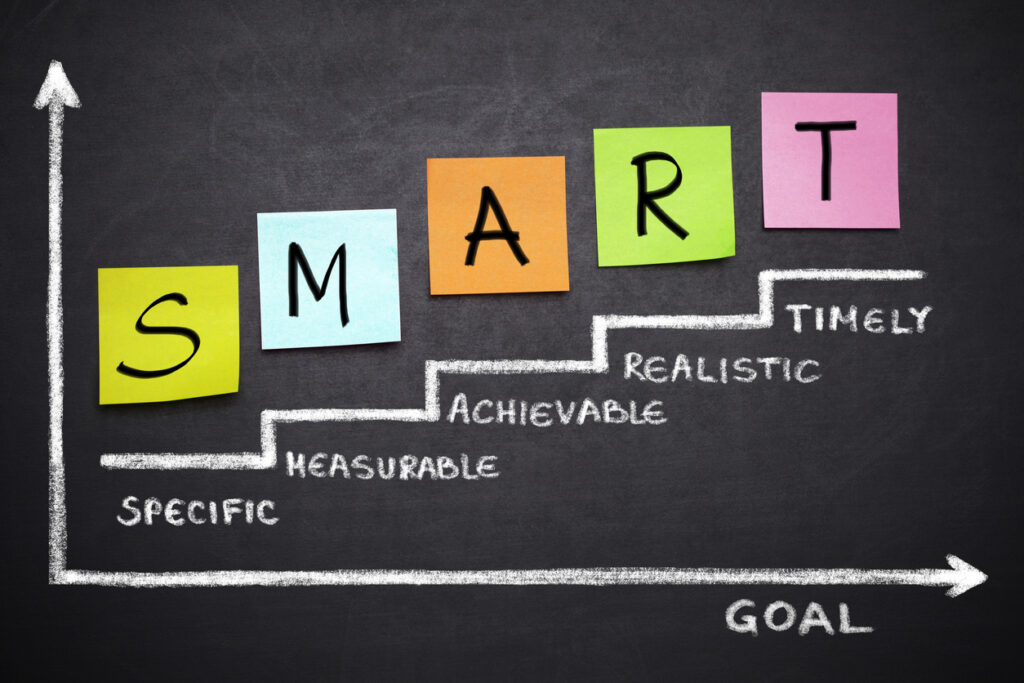 A chalkboard illustration outlines what it means to set SMART goals.
