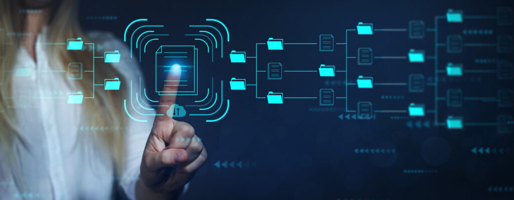 A depiction of data management on a clear screen with a man's finger moving data.